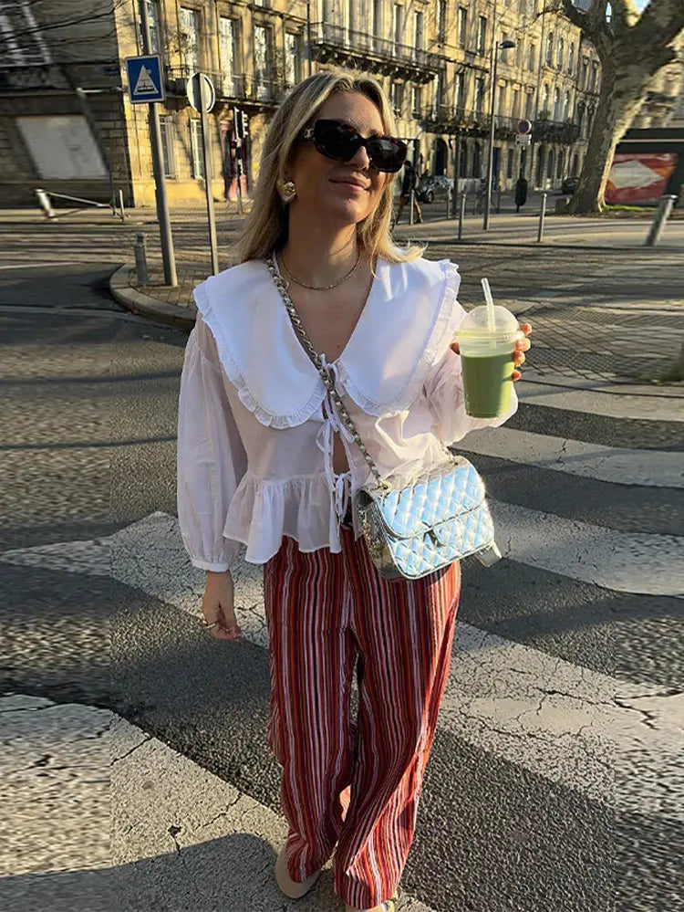 MQTIME - New Chic Lace Up Blouse for Women 2024 Spring Summer Fashion Lantern Long Sleeve O Neck Shirts Female Cropped Tops Streetwear