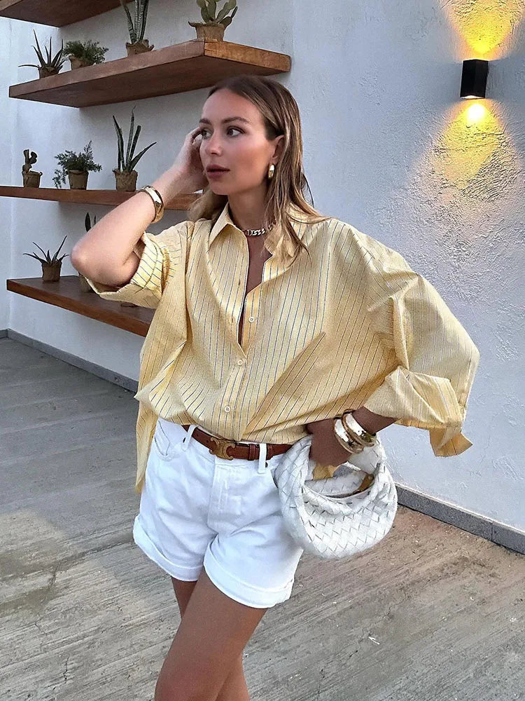 MQTIME - Blouse Women Summer New Fashion Yellow Lapel Striped Single Button Breasted Shirts Female Chic Casual Simple Shirt TRAF