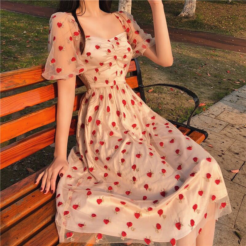 nvxiot Summer Strawberry Dress Embroidery Sexy Square Collar Midi Dresses Casual Short Sleeve Beach Party Dress Femme Vestidos Robe