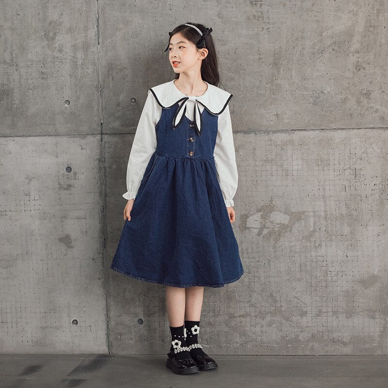 nvxiot kids girls fall autumn denim jeans midi jumper dress 6 to 16 years child fashion V neck cotton buttoned overall dresses clothing