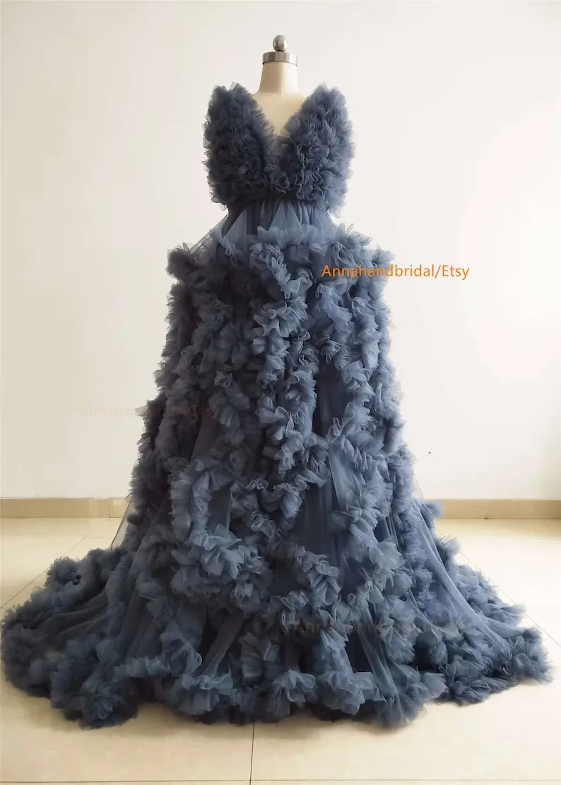nvxiot - Tiffany Maternity Dress/ Ruffle Tulle Dress Photo Shoot Dress//Adjustable Waist Maternity Dress//Custom Color/Skirt Slit