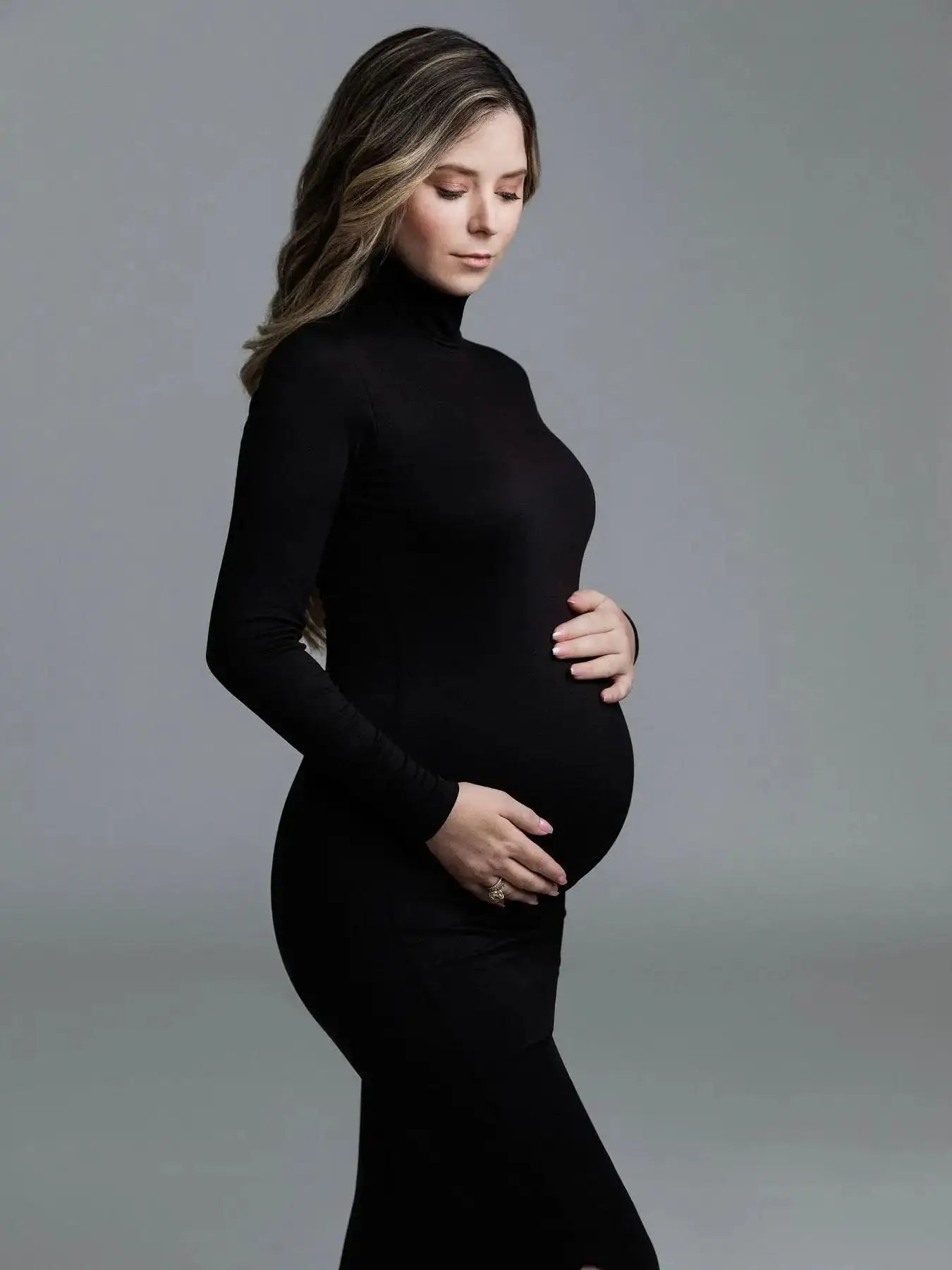 MQTIME - Maternity DressesStylish Maternity Dress for Baby Shower Elegant High Neck Long Sleeve Dress for Pregnancy Photoshoots
