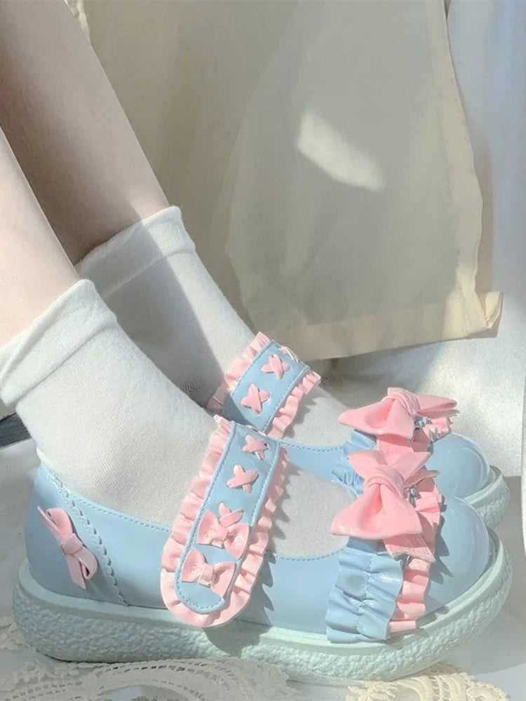 MQTIME - Lolita Kawaii Mary Janes Shoes Women Slip-on Japanese Sweet Flat Shoes Ladies Butterfly-knot Cute Fashion Round Toe Shoes Summer