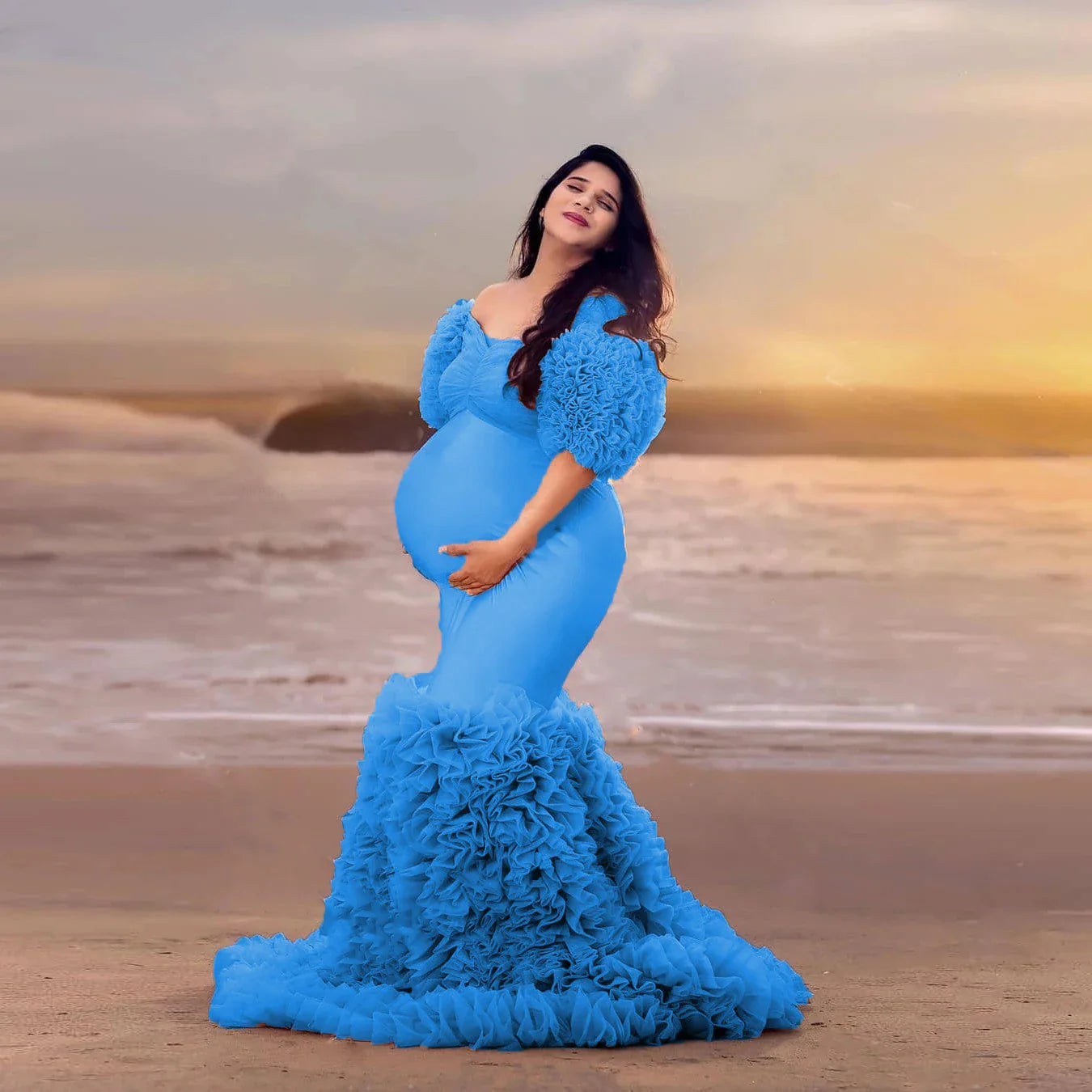 nvxiot - Women Dresses Stretchy Elegant Pink Mermaid Maternity Dress Half Sleeves Tulle Layered Maternity Gowns Off Shoulder