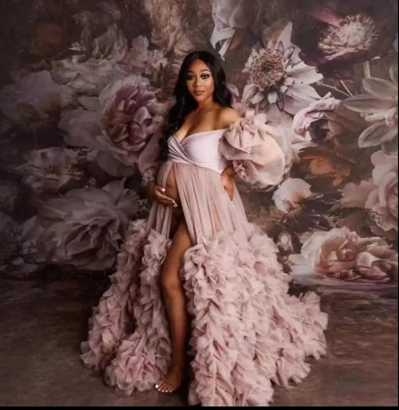 nvxiot - Real Image Floral Ruffled Bridal Maternity Dress Sexy Slit Elastic Maternity Dresses Photoshoot Baby Shower Baby Shower