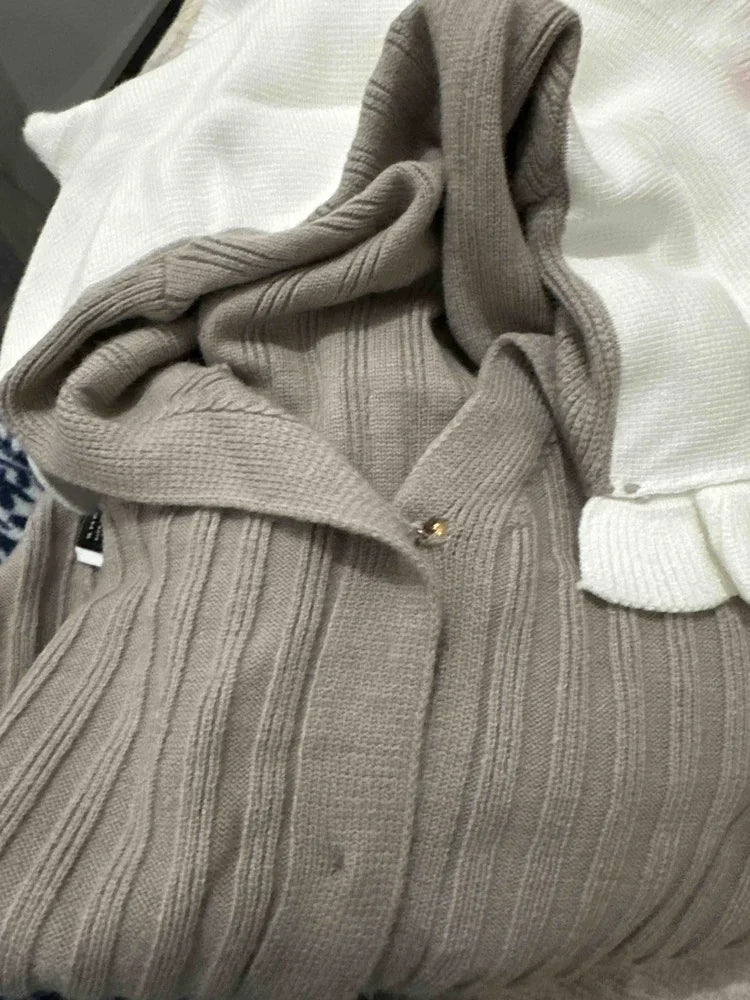 nvxiot - Ruffled Knit Cardigan Sweater For Women V-Neck Contrast Pocket Patchwork Slim Elegant Cropped Top Female Knitwear Cardigan