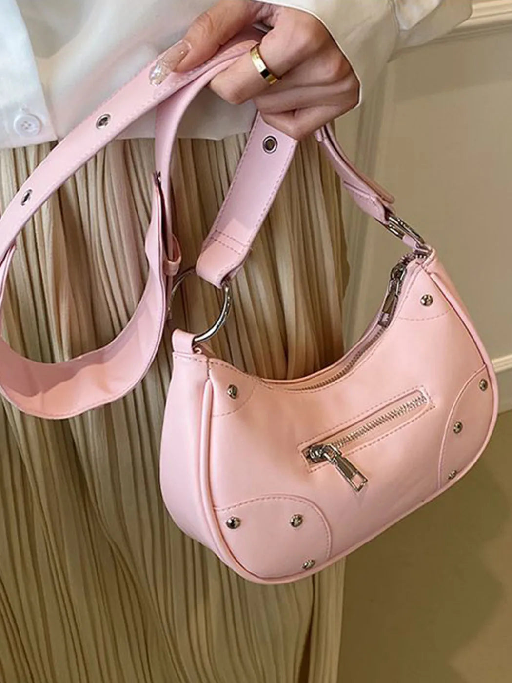 nvxiot - Y2k Grunge Rivet Hobos Bags Women 2023 Hot Girls Soft Chic Casual Crossbody Bags Female Vintage Harajuku Pink Handbags