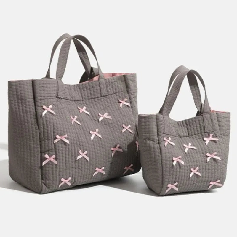 nvxiot - Large Capacity Grey Tote Bag Women Harajuku Bow Chic Canvas Handbag Messenger Bag Ladies Casual Crossbody Bags Aesthetic