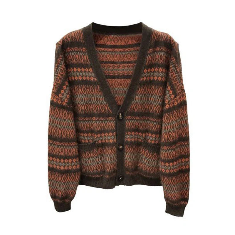 nvxiot Women Sweater autumn vintage diamond check crew neck Knitwear design sense loose top coat winter women wool warm V-neck cardigan