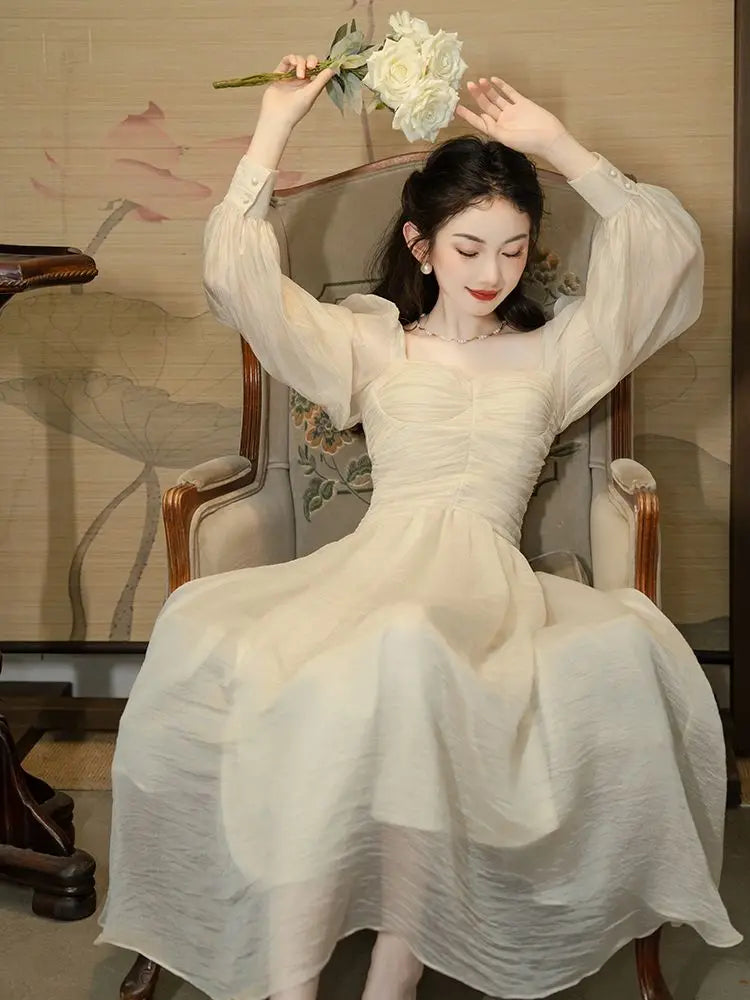 MQTIME - French Sweet High Grade Waist Slimming Bubble Sleeve Vintage Dress for Women Spring Square Neck Gentle Style A-line Long Dresses