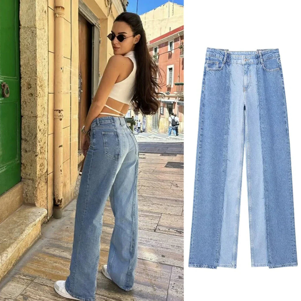 MQTIME - Women's 2024 Summer New Fashion Trendy High Street High Waist Contrast Color Splicing Straight Leg Jeans 5862/072