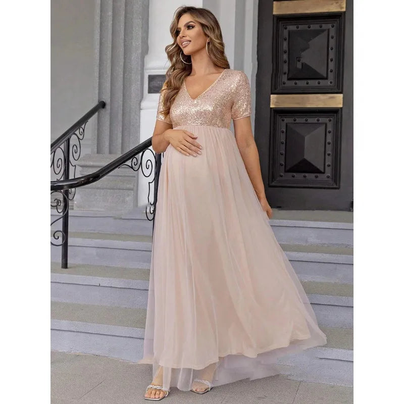 nvxiot - Maternity Glitter Mesh Splicing Maxi Dress