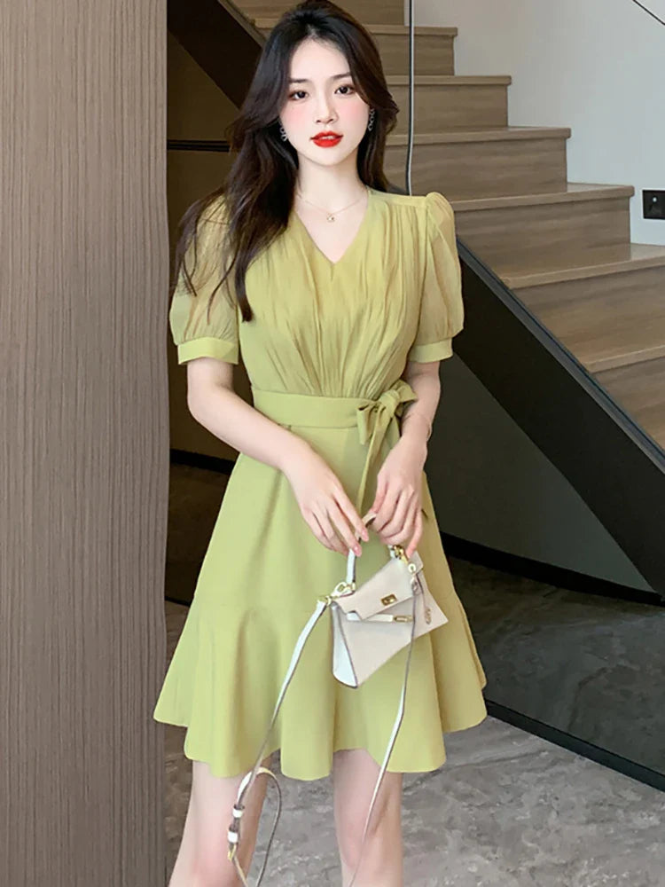 MQTIME - Summer Pink Short Sleeve V-Neck Mini Dress Women Green Elegant Chic Ruffled Mermaid Dress 2024 Solid Bodycon Party Evening Dress