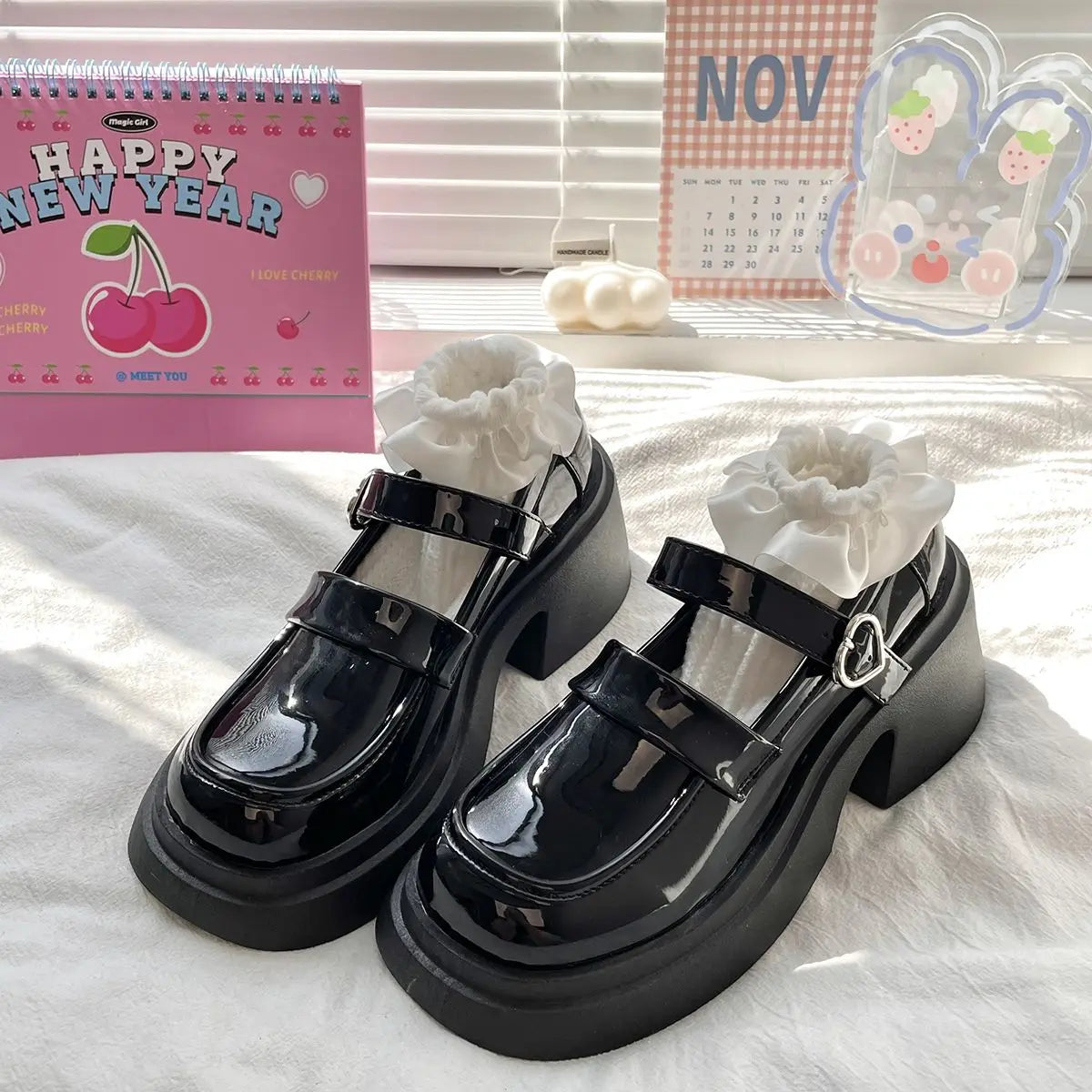 MQTIME - Women Platform Basic Mary Jane Shoes Prepppy Style Leather Heart Lolita Shoes Japanese Jk Female High Heel Shoes