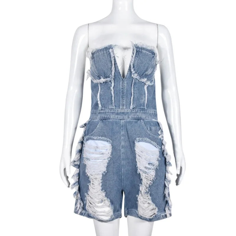 nvxiot - Women Fashion Hole Tassel Denim Playsuits Rompers V-neck Strapless Zipper Backless Pockets Casual Streetwear Jeans Overalls