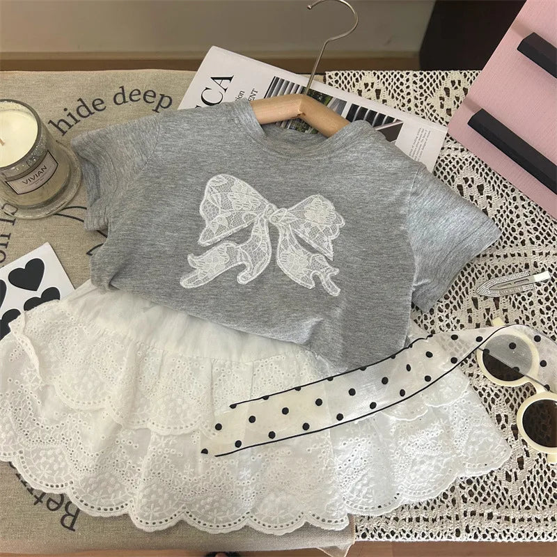 nvxiot - Korean Summer Toddler Girls 2PCS Clothes Set Knotbow Lace Round Collar Tops Hollow Printed Cake Skirt Shorts Babys Girls Outfits