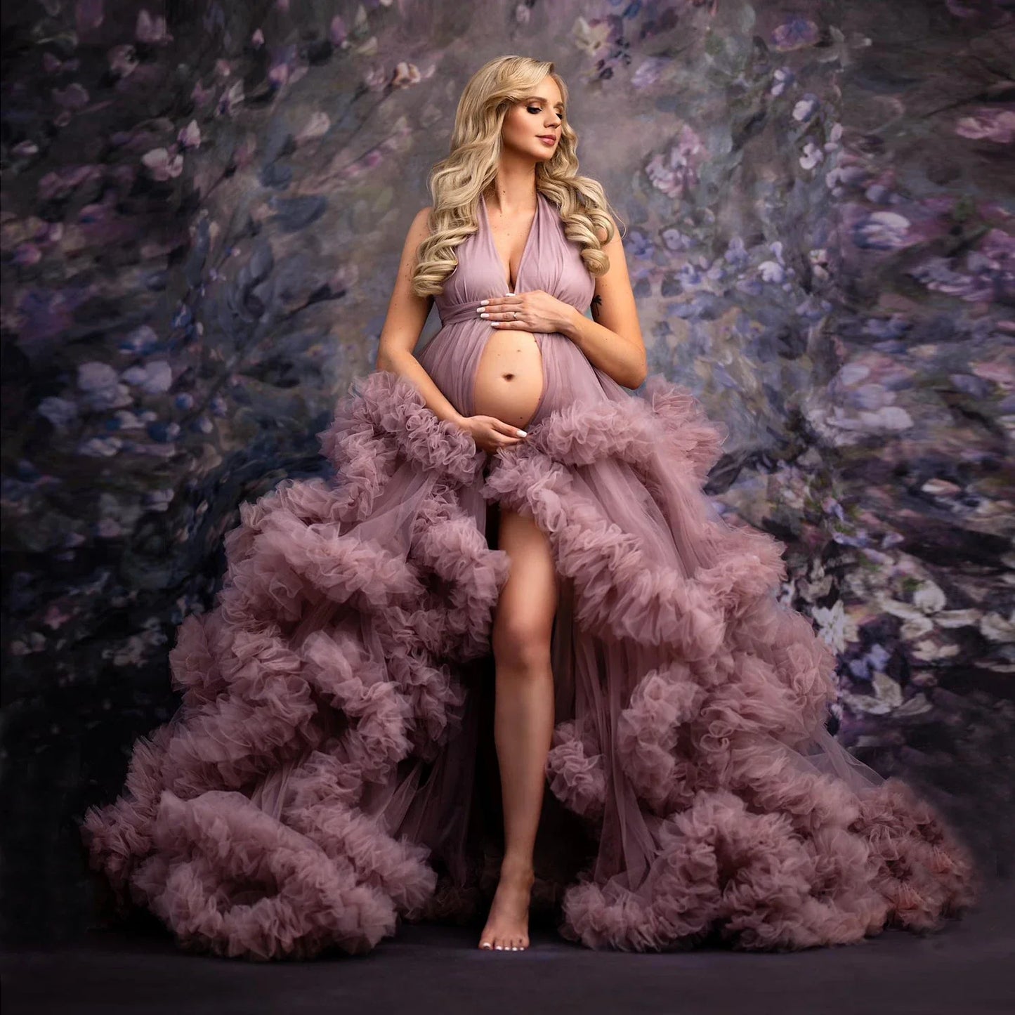 nvxiot - Mauve Ruffled Tulle Maternity Dresses for Photography Halter Front Slit Fluffy Maternity Photoshoot Dress for Pregnant Women