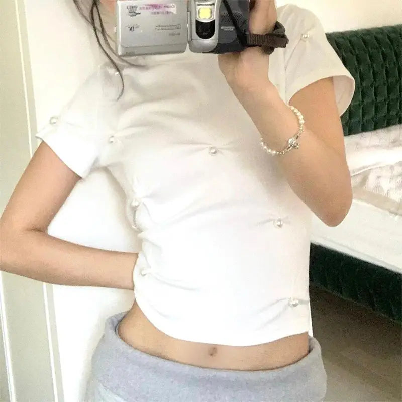 MQTIME - Summer White Round Neck Lace Trim Irregular Pearl Slim Short Sleeve T-shirt Women Top New Fashion Solid Color Casual Short Top