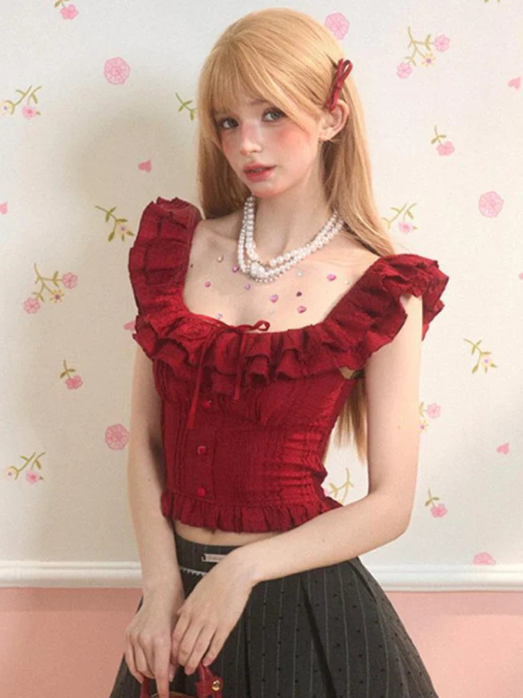 MQTIME - Red Flying Sleeve T-shirts for Women Ruffled Off Shoulder Crop Top Korean Style Summer Fashion Y2k Bodycon Slim Clothes
