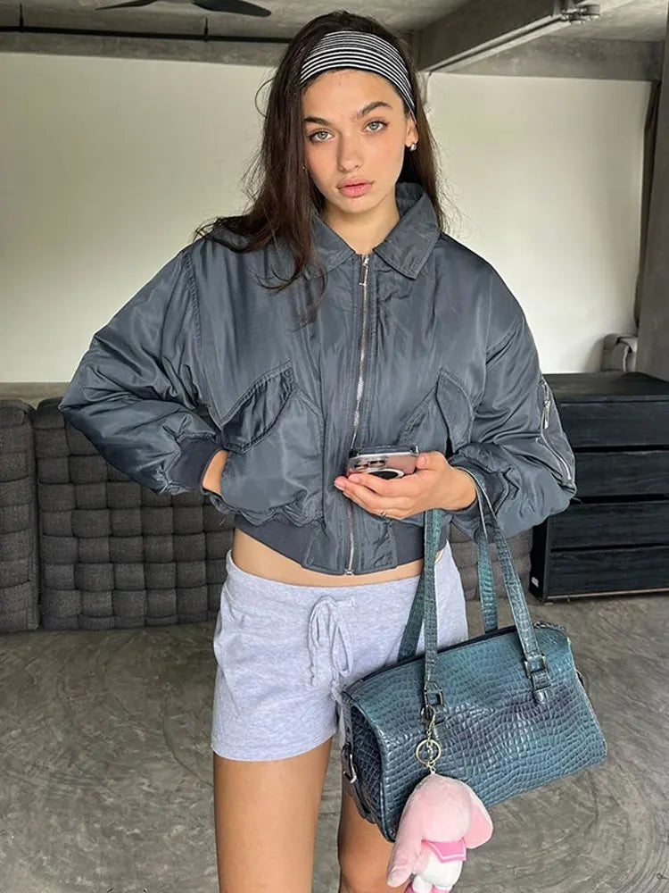 MQTIME - Women Lapel Zipper Pocket Solid Bomber Jacket Fashion Casual Long Sleeves Padded Coat 2024 Autumn Winter Female Street Outwear