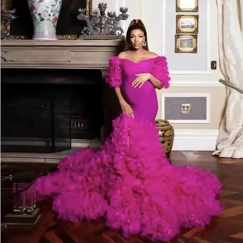 nvxiot - Real Image Floral Ruffled Bridal Maternity Dress Sexy Slit Elastic Maternity Dresses Photoshoot Baby Shower Baby Shower