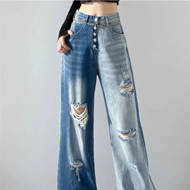 nvxiot - Perforated High Waisted Jeans For The 2023 Summer Women'S New Design Sense, Slim And Popular Straight Tube Blue Washed Wide Leg