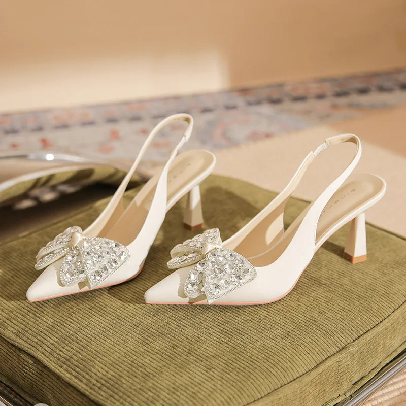 MQTIME - Comfort Shoes for Women Beige Heeled Sandals Black Bow Stiletto Clear Low 2024 Pointed Open Rhinestone Girls High Closed Sweet R