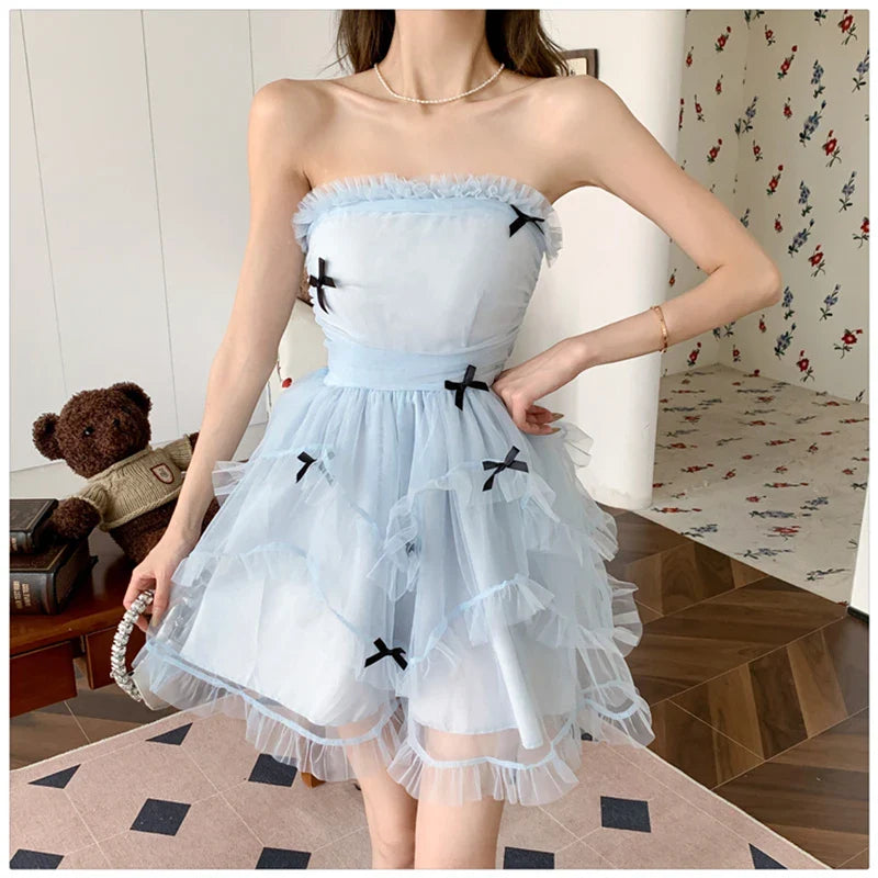 nvxiot - Cute Sweet Sleeveless Cake Dress for Women Summer 2024 Strapless Slim Mesh Bow Elegant Chic Party Birthday Dresses Korean