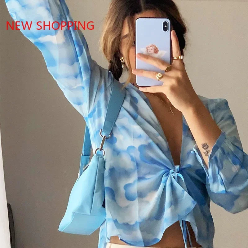 MQTIME - Tie Dye Print Long Sleeve Crop Top Women Bandage Y2K Sexy Ruffles Blue V Neck 2024 New Summer Spring Casual T Shirts 90s Vintage
