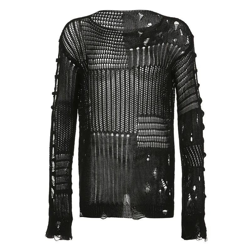 MQTIME - Chic Tattered Sweater Women Fashion Loose Long Sleeve Tops Lazy Style Hollowed Out Thin Perspective Black White Ripped Pullover
