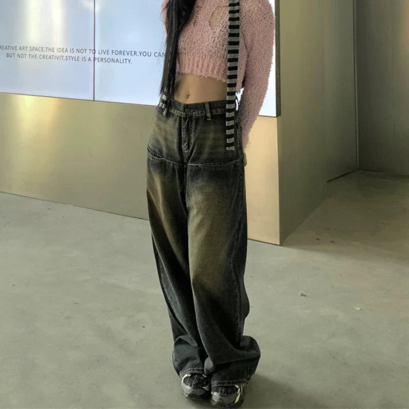 nvxiot Korean Retro Distressed Bleached Y2K Casual Jeans Women Autumn New High Waist Loose All Match Washed Denim Wide Leg Pants