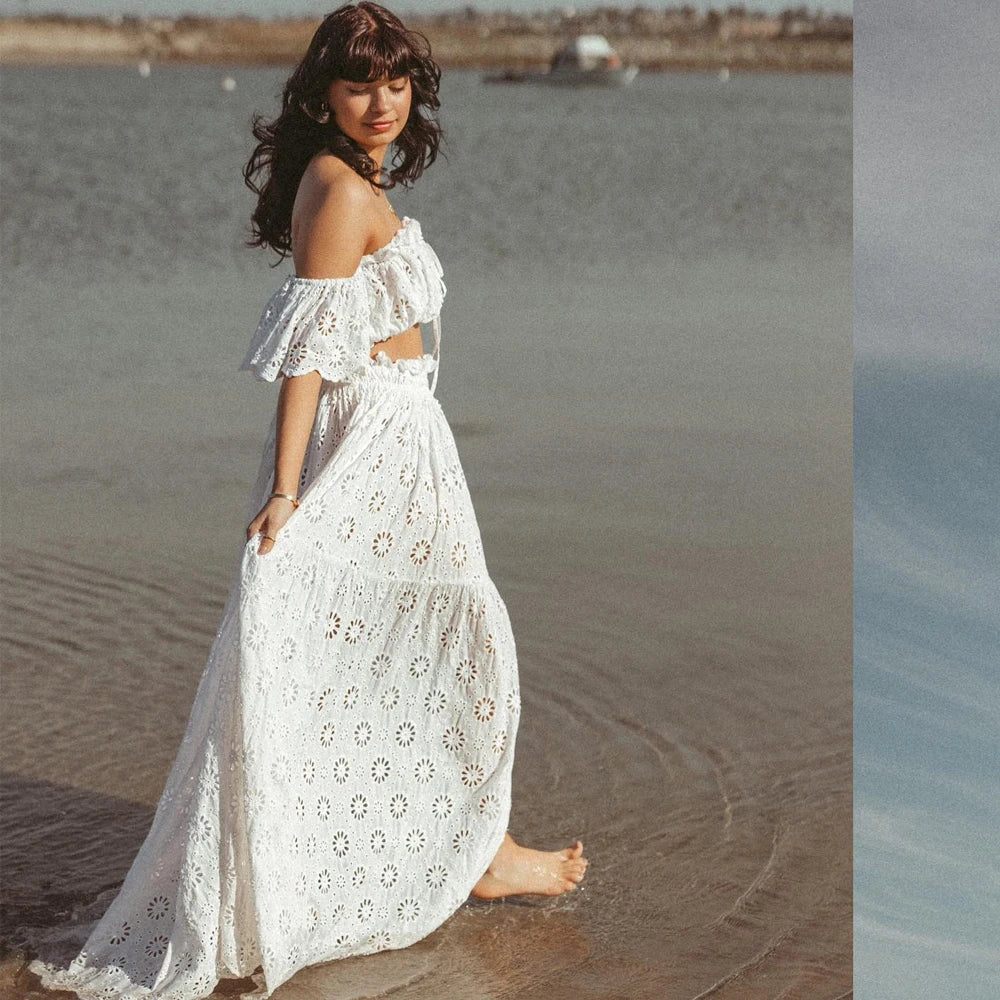 nvxiot - Photography Dress For Women White Hollow Cotton One Shoulder Sexy Bohemian Photoshoot Dress Maternity Dresses For Baby Showers