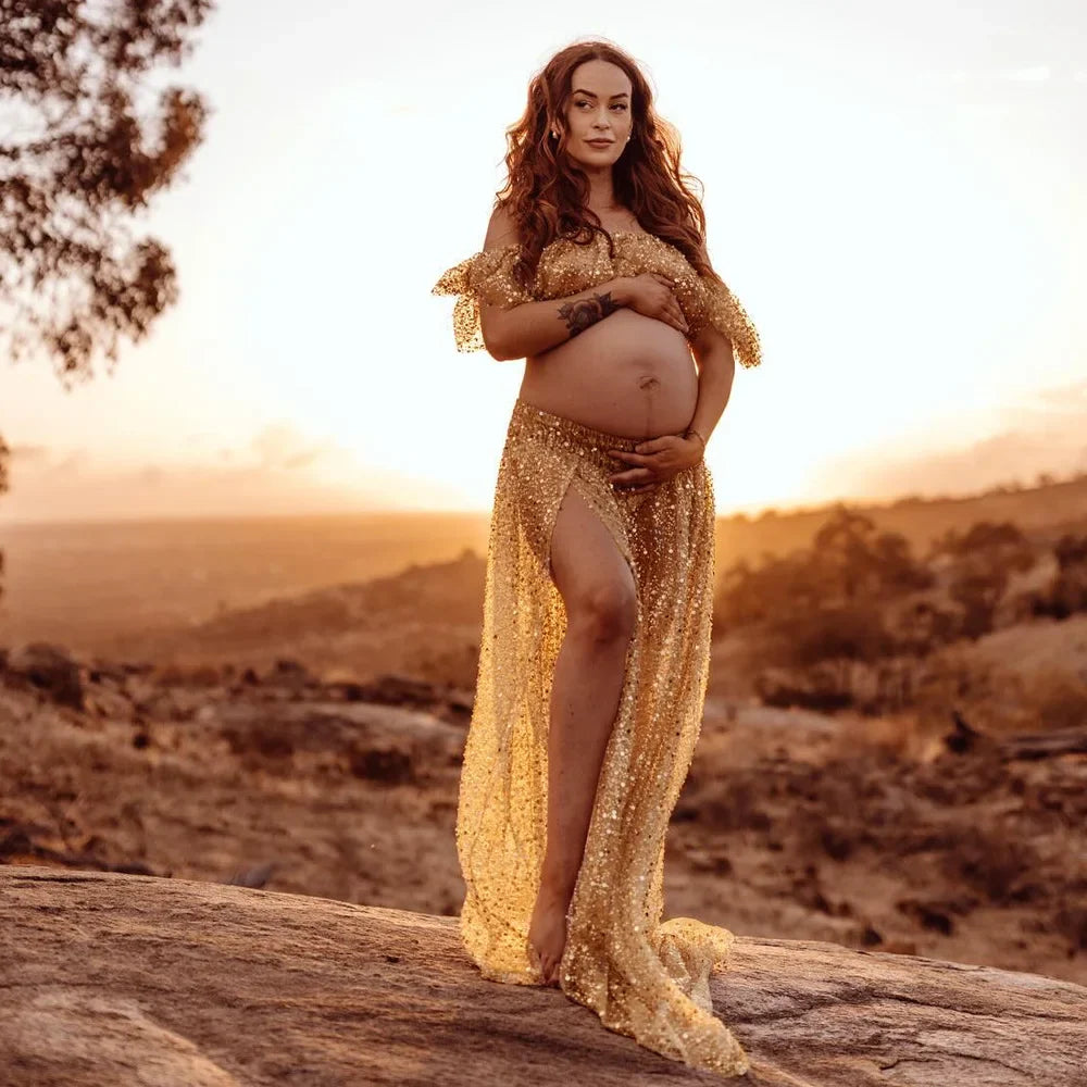nvxiot - Golden Pearl Embroidered Hard Yarn Two Piece Set Photo Shoot Photography Dress For Women Maternity Photography Dresses