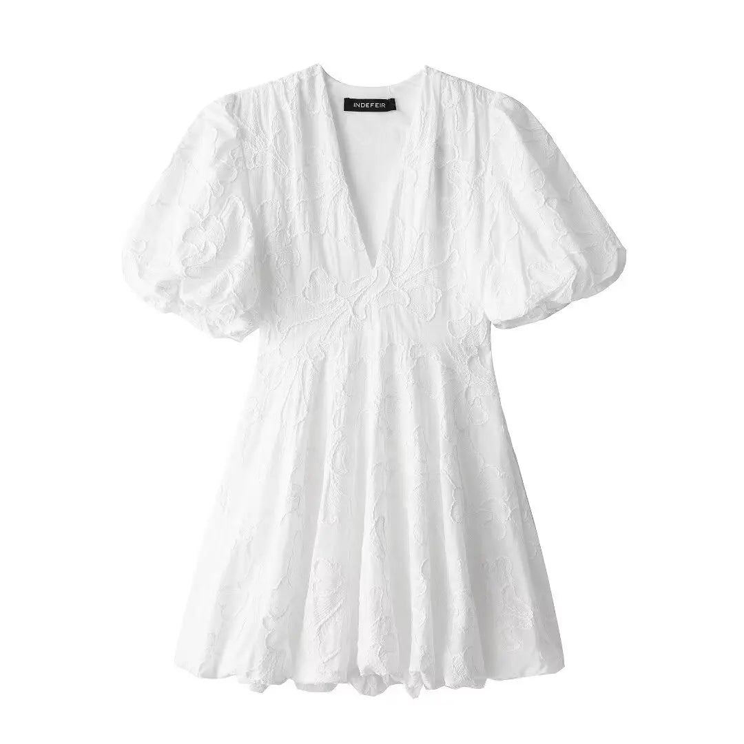 MQTIME - Solid Floral Embroidered Voluminous Mini Dress V-Neck Puff Sleeve White Tutu Mini Dress Woman Elegant Party Holiday Wear