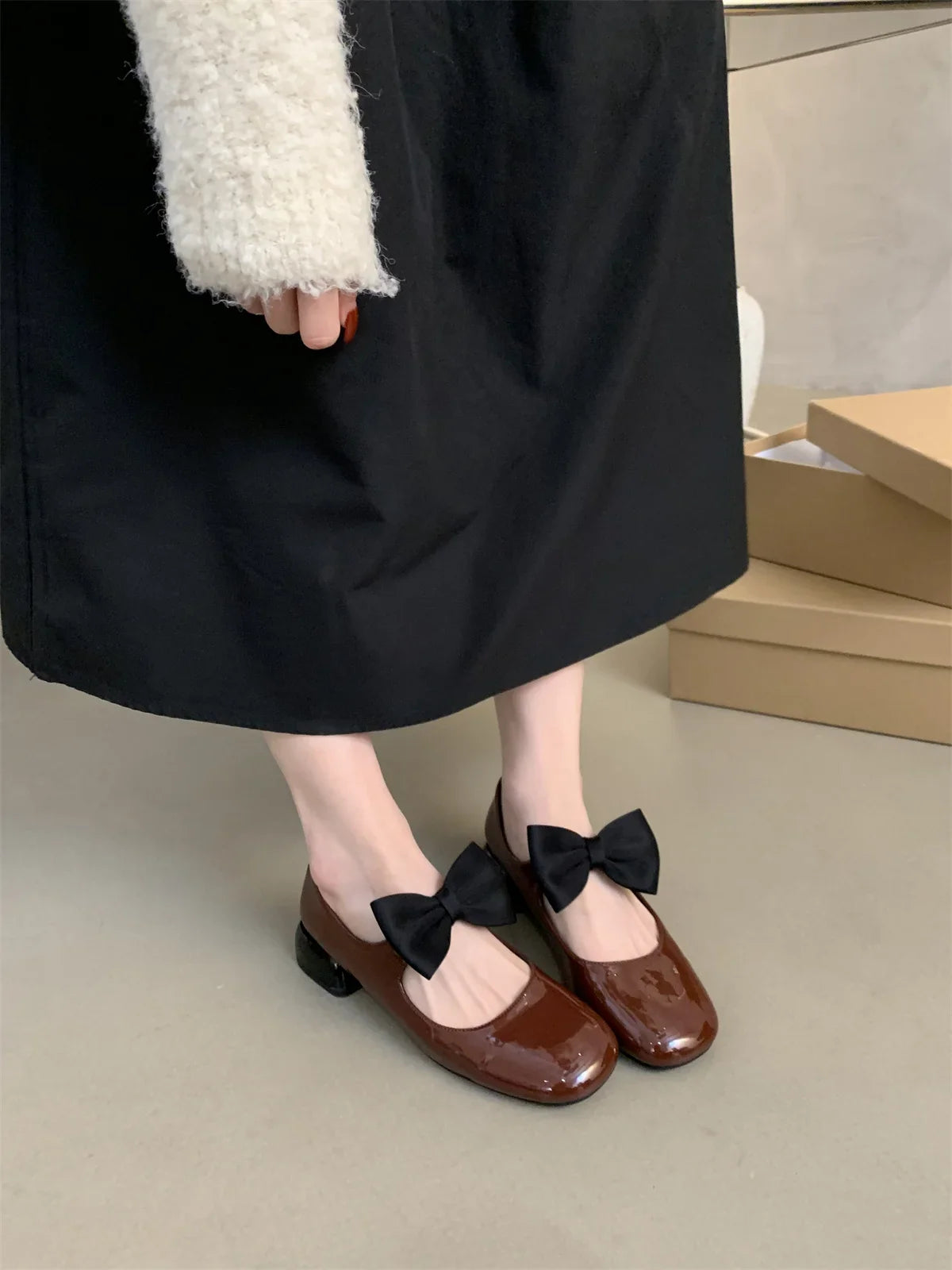 MQTIME - Butterfly Knot Med Heels Loafers British Style School Shoes Preppy Style Young Lady Daily Wear French Square Toe Chunky Heel Sho