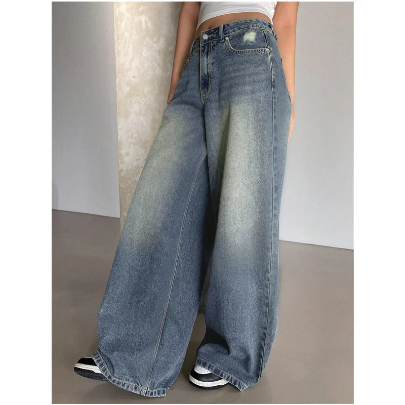 MQTIME - Blue Womens Jeans High Waist Vintage Straight Summer Plus Size Y2K Denim Pants Streetwear American Baggy Wide Leg Denim Trouser
