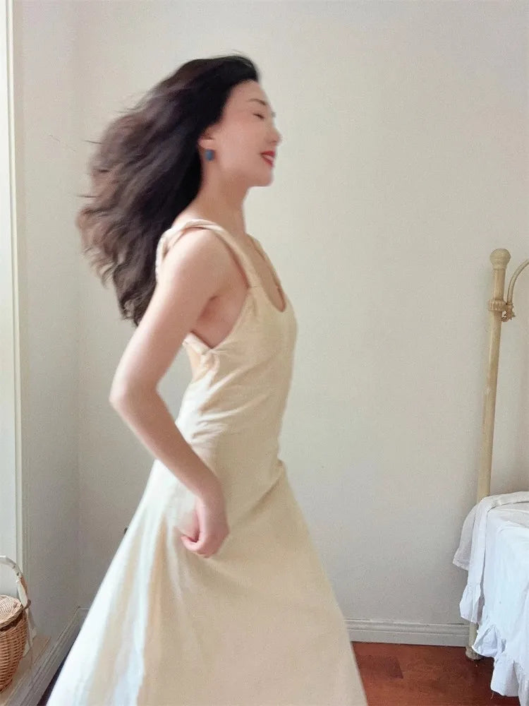 nvxiot - Open Back Cotton And Linen Dress For Women, Elegant And Fashionable Summer, Twisted Shoulder Straps, Vacation Strap Long Dress