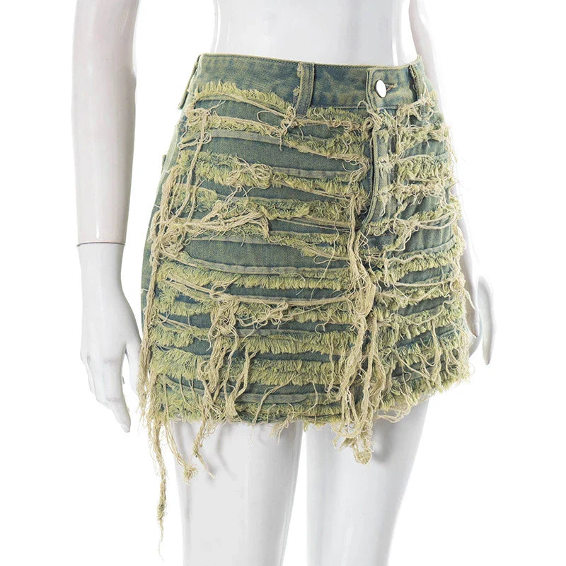 nvxiot - Tassel Holes Denim Mini Skirts Women Fashion Button Fly High Waist Jeans Petticoat Female Y2K Streetwear Wholesale Drop Shipping