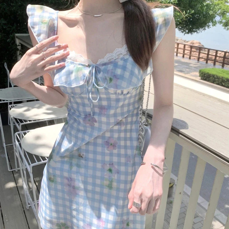 MQTIME - Casual Beach Party Mini Dress Women Sweet Flower Print Sleeveless Pleated Floral Dress Lace Patchwork Fashion Elegant Clothing