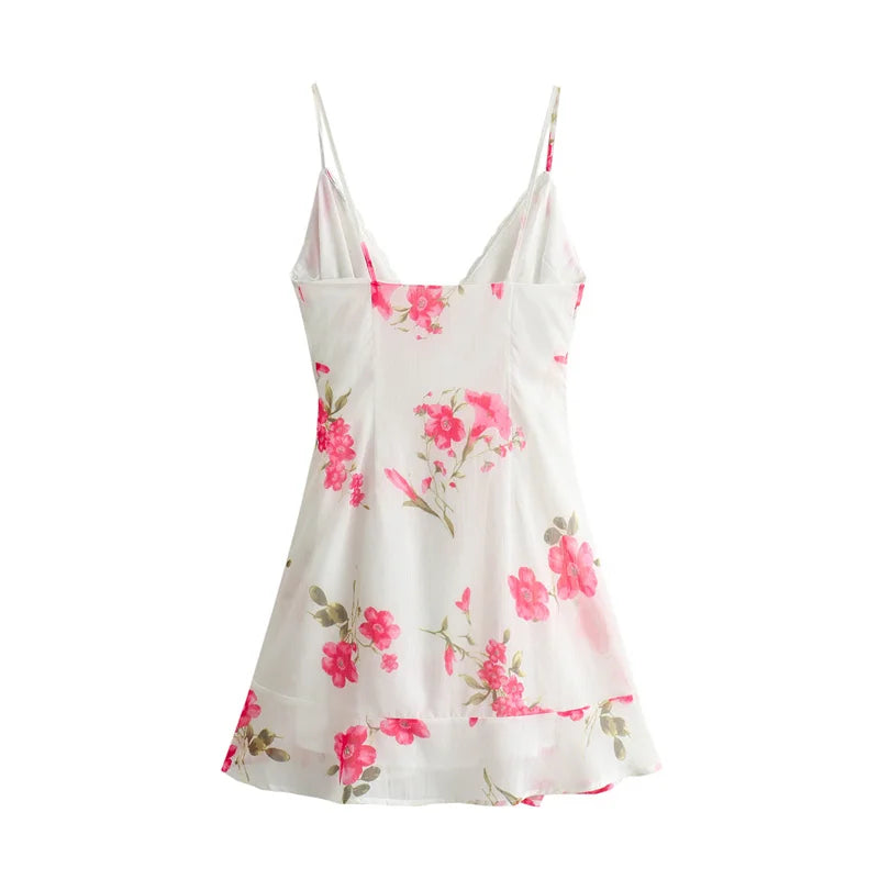 MQTIME - Women's 2024 Summer New Fashion Ruili Sweet Women's Lace Decoration Printed Mini Suspender Dress 2826/189
