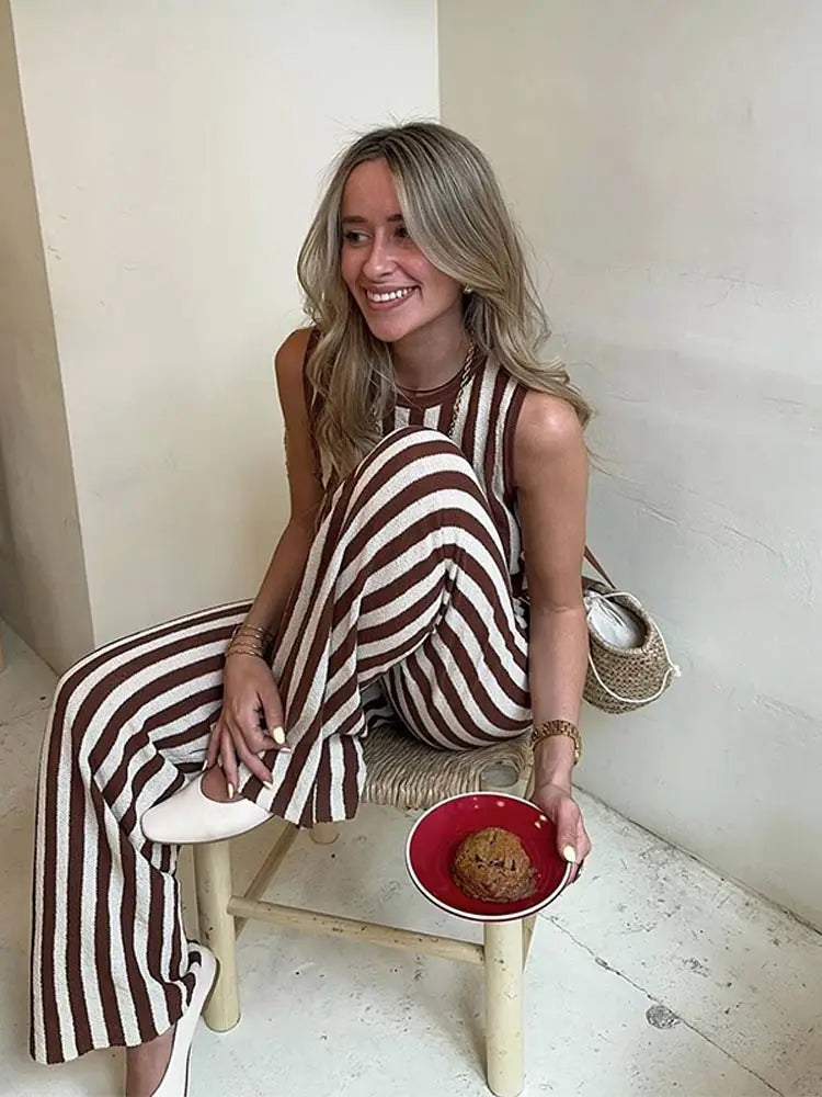 MQTIME - Fashion Striped Printed Sleeveless Women Tops Suits Casual O Neck Straight Pants Sets 2024 New Chic Female Office Outfits
