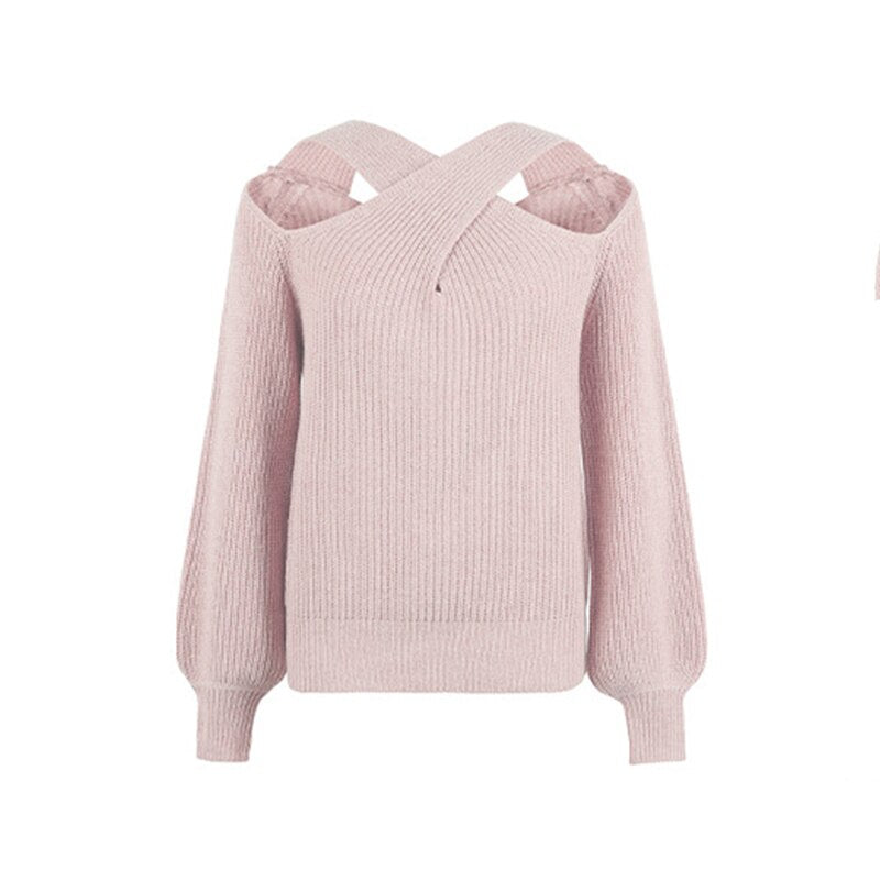 nvxiot Cold Shoulder Autumn Halter Women Lantern Sleeve Sexy Pull Female Beige Winter Casual Knitted Sweater New Dropshipping