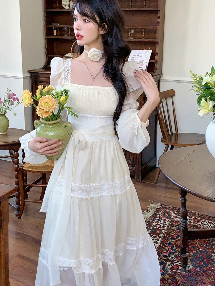 MQTIME - 2024 Summer Woman French Elegant Lace Midi Dress Party Long Sleeve Korean Fashion Dress Beach Chiffon Fairy Slim Dress Chic