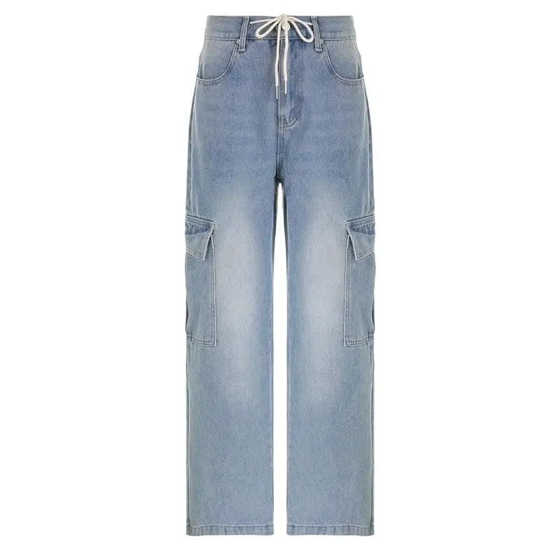 nvxiot American lace-up low waist cargo jeans women's wash blue loose draping mopping pants large pocket denim cargo pants summer thin