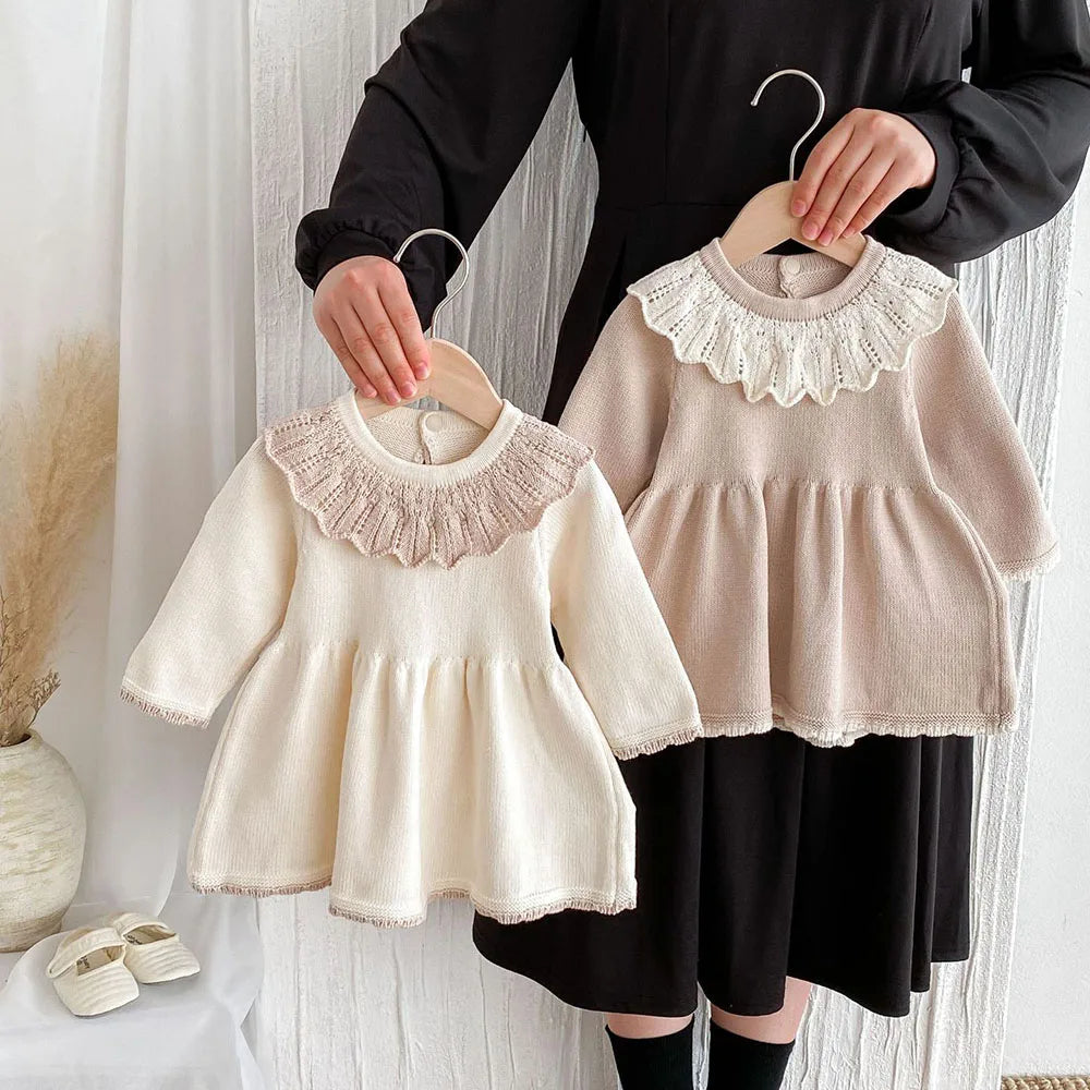 MQTIME - New 2024 Autumn Girl's Knitted Dress Children's Sweet Lotus Leaf Collar Sweater A-line Princess Dress Kid's Clothing