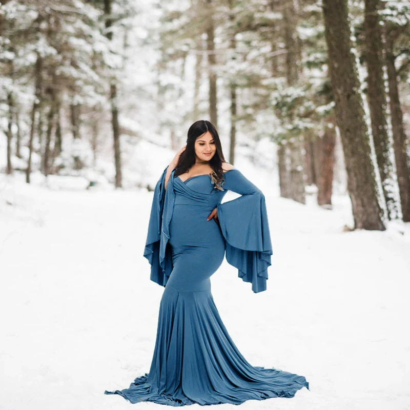 nvxiot - Silk Cotton Maternity Photography Dresses Solid V-neck Ruffle Edge Sleeve Taildress Long Soft Cozy High Waisted Retro Long Dress