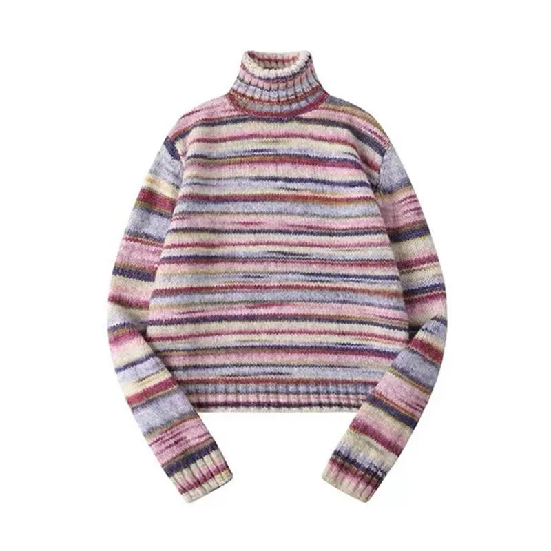 nvxiot - Japanese Y2k Turtleneck Sweater Vintage Rainbow Striped Pullover Korean Fashion Knitted Jumper Harajuku Grunge Knitwear