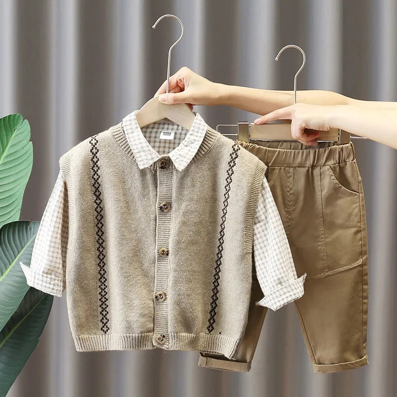 nvxiot Baby Spring Plaid Set New Boy Korean Vest Sweater + Shirt + Jeans Three-piece Sets Baby Toddler Handsome Fall Clothes Suit