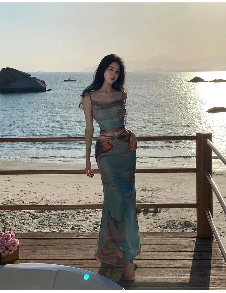 nvxiot - Summer Holiday Blue Print Two-piece Set Women Backless Spaghetti Strap Short Tops + High Waist Pleated Long Skirts Suit Bohemian