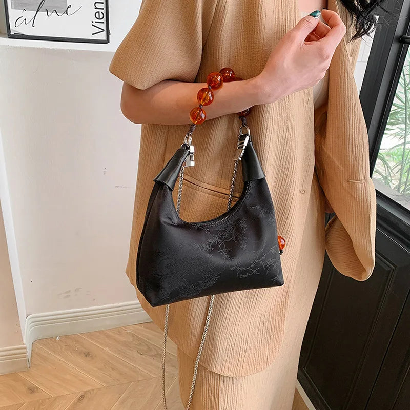 nvxiot - Trendy Beaded Handbags Vintage Fashion Chinese Style Small Tote Bags For Women Simple Silver Color Chain Shoulder Bag Crossbody